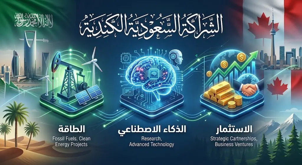 إنفوجرافيك يوضح مجالات التعاون بين السعودية وكندا بما في ذلك الطاقة والذكاء الاصطناعي والاستثمار.