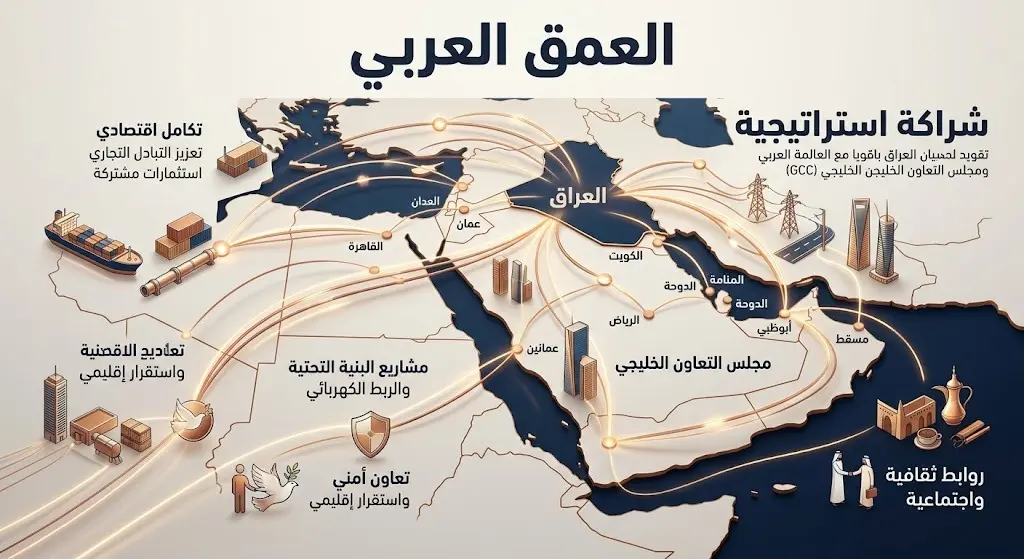 رسم بياني شبكي متطور يبرز الترابط الاستراتيجي بين العراق ودول المحيط العربي.