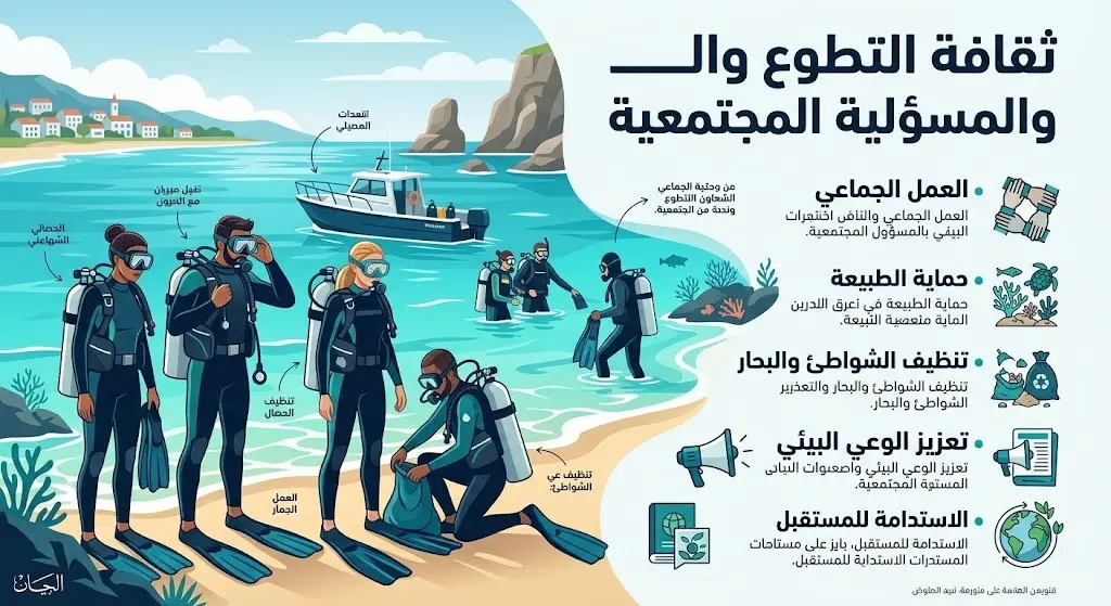 رسم بياني وتعبيري يوضح دور الغواصين المتطوعين وأهمية المشاركة المجتمعية في الحفاظ على الحياة الفطرية البحرية.