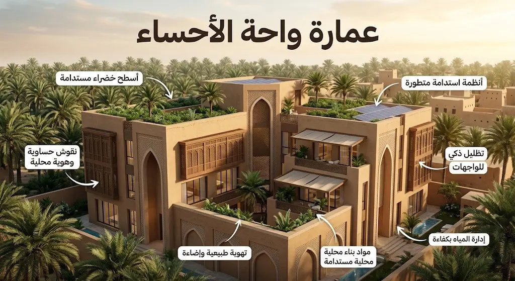 تصميم معماري يدمج بين تراث واحة الأحساء العمراني وعناصر الاستدامة الحديثة مع نصوص توضيحية