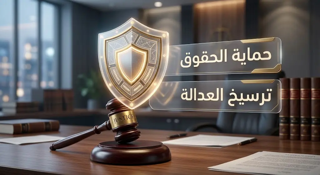 تصميم تعبيري احترافي يجسد درعاً مضيئاً ومطرقة عدالة ليرمز إلى دور النيابة في حماية الحقوق وصون الحريات وترسيخ العدالة.