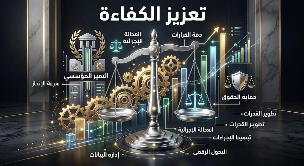 تصميم إنفوجرافيك يدمج بين ميزان العدالة وعناصر التقدم المؤسسي ليعكس تعزيز الكفاءة النيابية