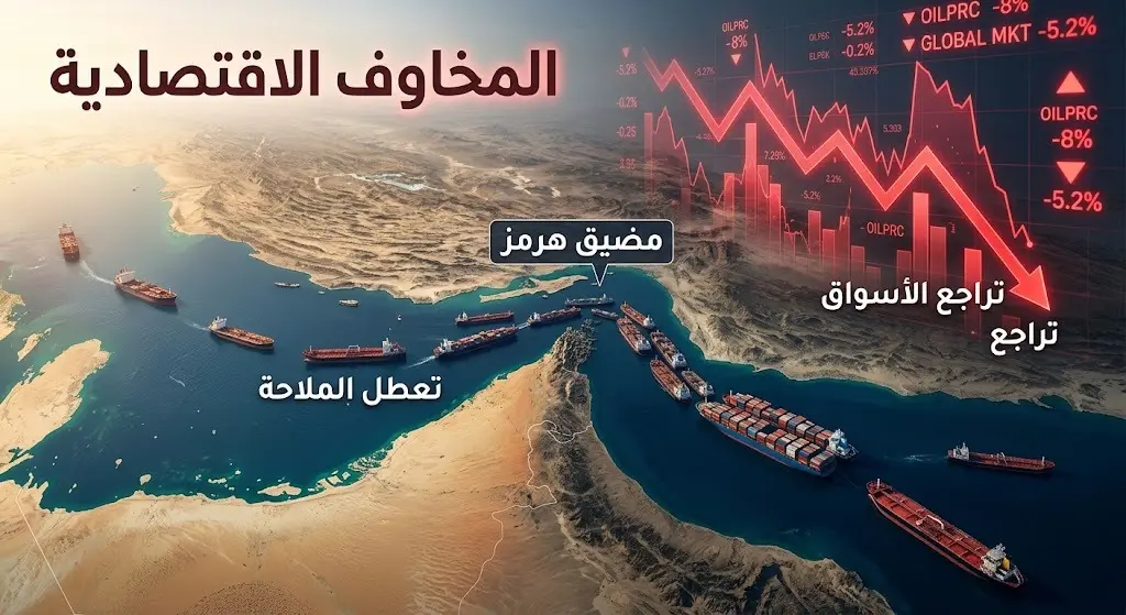 تصميم معلوماتي يدمج بين تعطل سفن الشحن في مضيق هرمز ومؤشرات اقتصادية متراجعة
