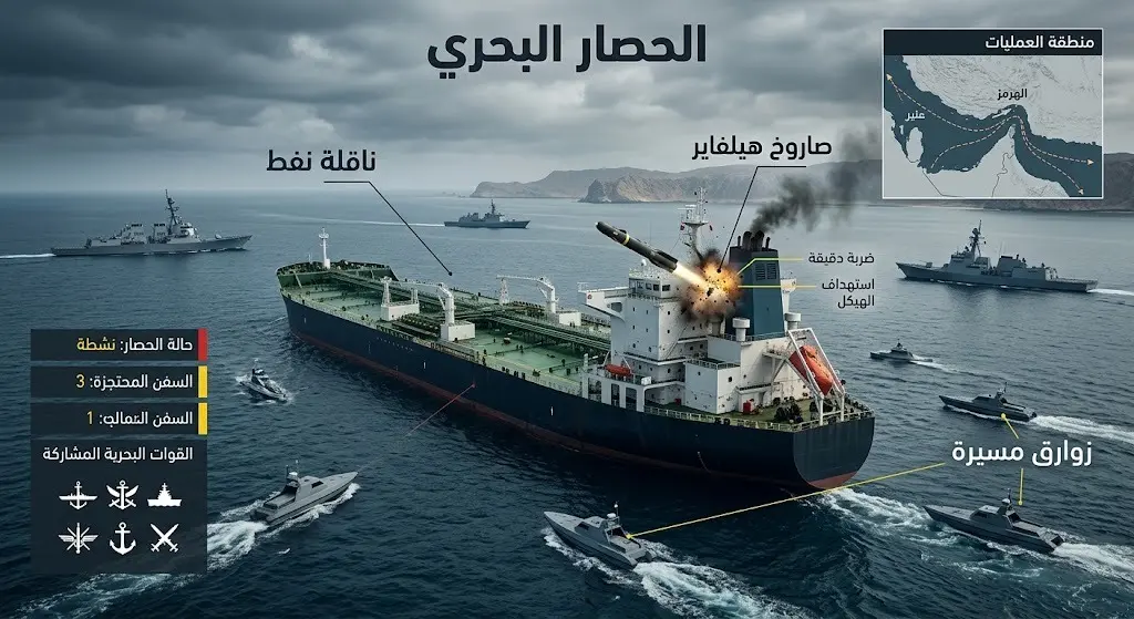 تصميم معلوماتي يجسد اعتراض القوات الأمريكية لناقلة نفط وتفعيل الحصار البحري باستخدام صواريخ هيلفاير والزوارق المسيرة.