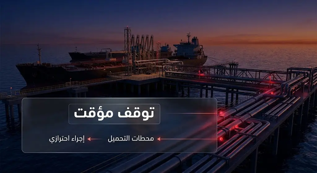 صورة تعبيرية تظهر محطات تحميل النفط مع إضاءة تحذيرية حمراء وواجهة بيانات توضح التعليق المؤقت لتدفقات الخام كإجراء احترازي.