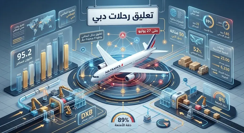 إنفوجرافيك يوضح تعليق رحلات الخطوط الفرنسية إلى دبي بالتزامن مع إحصائيات مطار دبي الدولي
