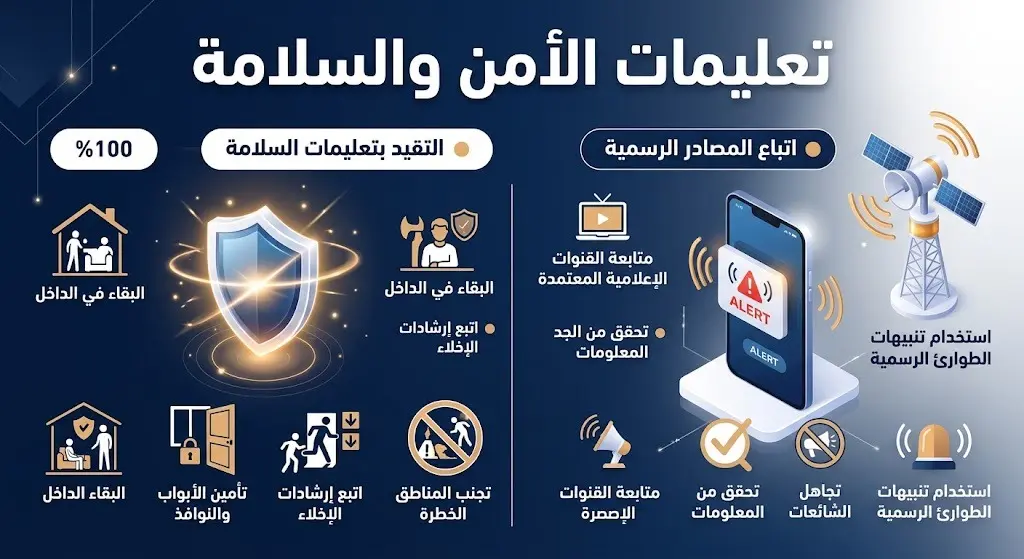 إنفوجرافيك إرشادي يستعرض تعليمات الأمن والسلامة الرسمية التي تدعو للتقيد بالتوجيهات واعتماد المصادر الموثوقة.