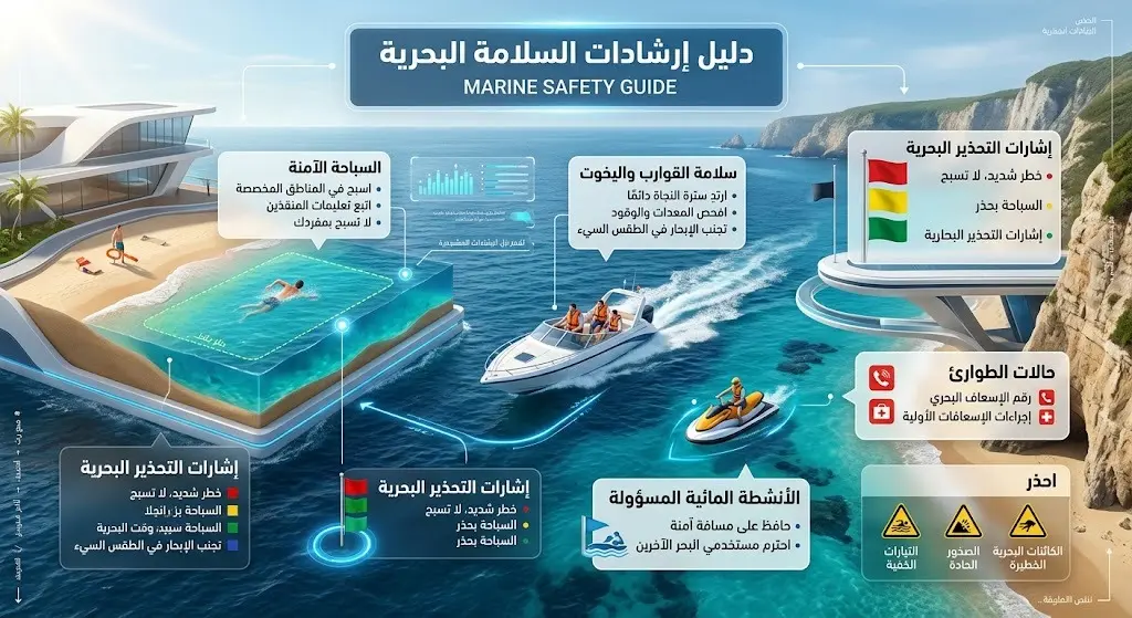 إنفوجرافيك يوضح إرشادات السلامة البحرية للمتنزهين، متضمناً أهمية السباحة في الأماكن المخصصة واتباع التعليمات.
