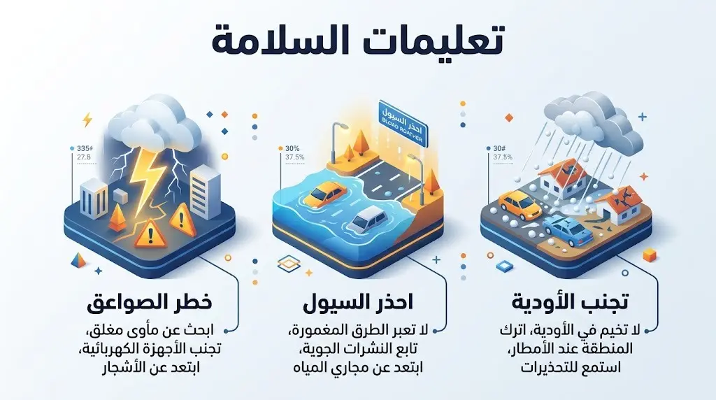 إنفوجرافيك يستعرض تعليمات السلامة الضرورية لتجنب مخاطر السيول والصواعق أثناء تقلبات الطقس.