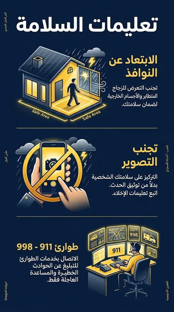 إنفوجرافيك احترافي يوضح تعليمات السلامة المتبعة أثناء الإنذار المبكر، متضمناً التحذير من الاقتراب من النوافذ، ومنع التصوير، وأرقام الطوارئ المعتمدة.