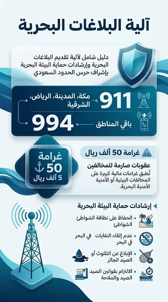 تصميم إنفوجرافيك يوضح أرقام البلاغات الخاصة بحرس الحدود السعودي (911 و 994) مقسمة حسب المناطق، مع إبراز قيمة الغرامة للمخالفات البيئية البحرية.