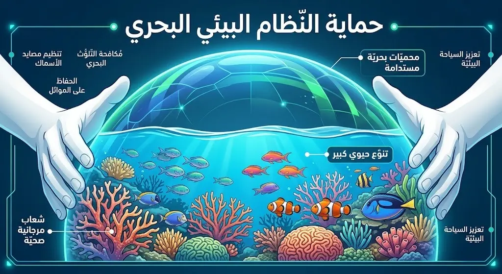 تصميم تعبيري يوضح أهمية حماية البيئة البحرية والشعاب المرجانية والحياة الفطرية