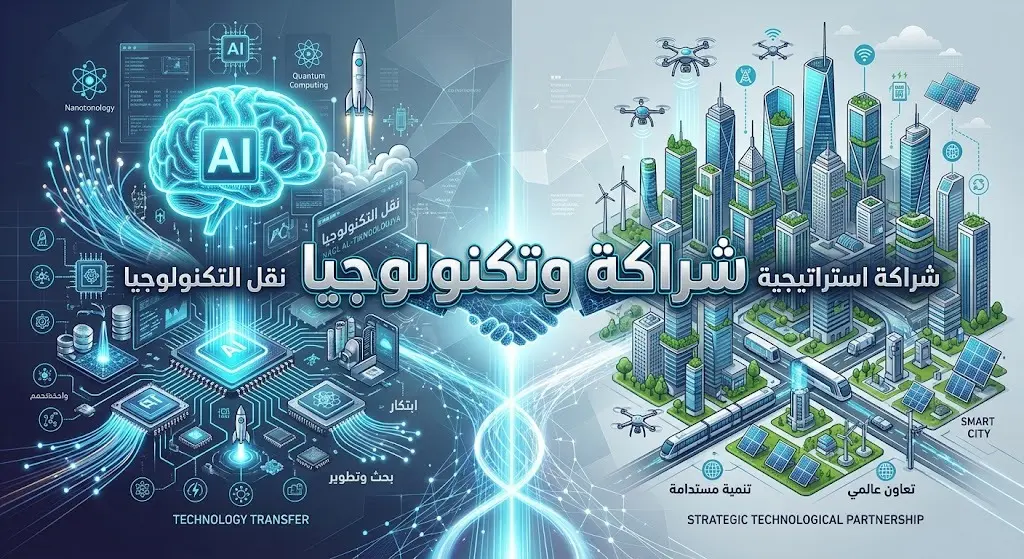 تصميم تعبيري يجسد الشراكة الاستراتيجية ونقل التكنولوجيا المتقدمة في مجالات الذكاء الاصطناعي والاقتصاد الرقمي.