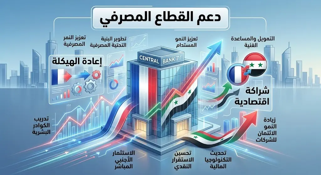 تصميم معلوماتي يبرز التعهدات الفرنسية لدعم وإعادة هيكلة القطاع المصرفي السوري