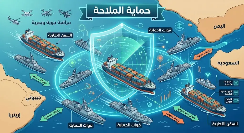 تصميم إنفوجرافيك يوضح جهود حماية السفن التجارية في الممرات المائية الإقليمية
