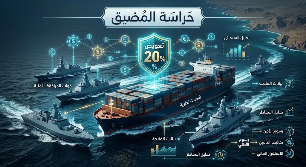 رسم تعبيري لسفن تجارية تعبر مضيق هرمز تحت حراسة بحرية مع إبراز نسبة التعويضات المالية.
