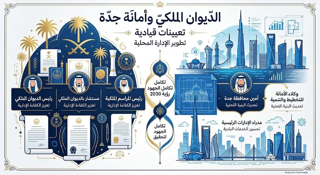 تصميم إبداعي يبرز القرارات الملكية بتعيين قيادات جديدة في الديوان الملكي وأمانة محافظة جدة، معتمداً على رموز التخطيط العمراني والإدارة.