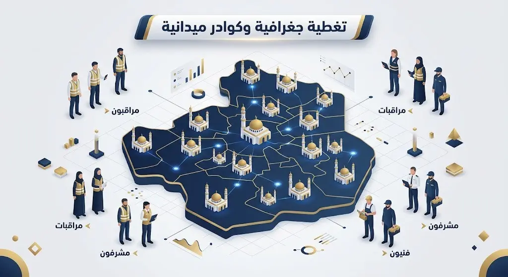تصميم إنفوجرافيك ثلاثي الأبعاد يوضح خريطة منطقة الرياض مع رموز للكوادر الميدانية من مراقبين وفنيين وتوزيعهم الجغرافي لخدمة المساجد.