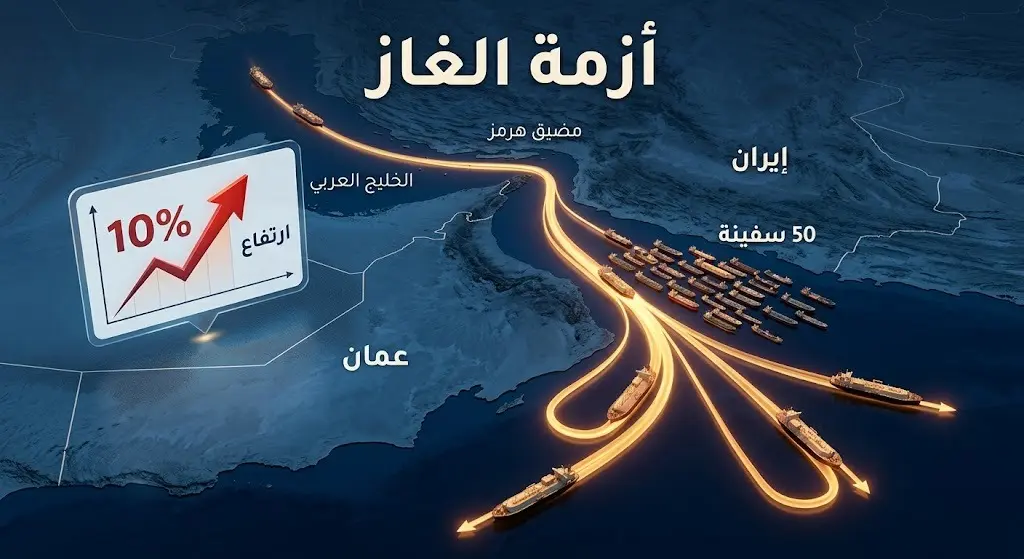 خريطة إنفوجرافيك توضح تغير مسارات ناقلات الغاز القطرية الثلاث وابتعادها عن مضيق هرمز وتكدس السفن المنتظرة.