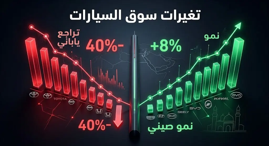 إنفوجرافيك يوضح التغيرات في سوق السيارات بالشرق الأوسط، مبرزاً تراجع مبيعات السيارات اليابانية مقابل نمو الحصة السوقية للسيارات الصينية.