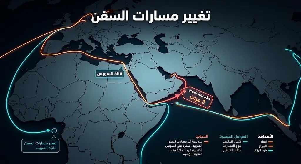 خريطة إنفوجرافيك تظهر تحول مسارات السفن التجارية وتأثيرها على مضاعفة المدة الزمنية للرحلات.