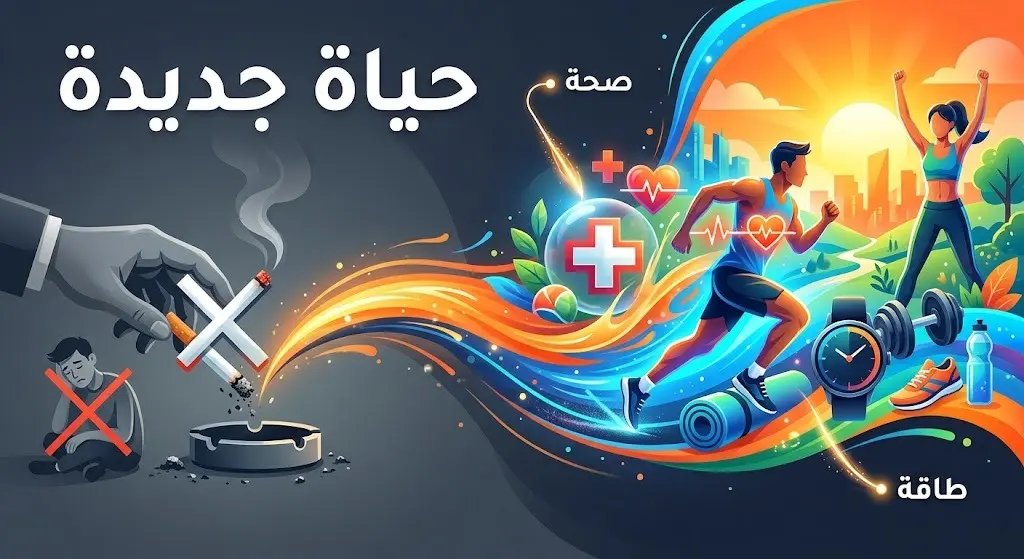 إنفوجرافيك إبداعي يجسد التحول الإيجابي في نمط الحياة، من التخلي عن العادات السيئة كالتدخين إلى تبني حياة صحية ورياضية مليئة بالطاقة مع نصوص توضيحية.