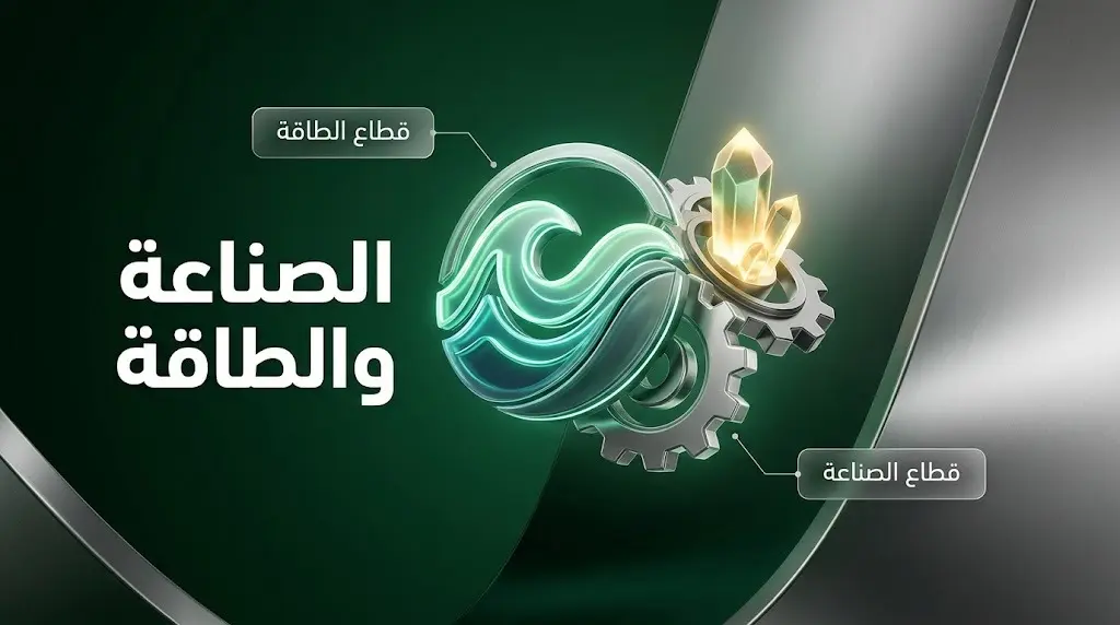 تصميم بصري إنفوجرافيك يعبر عن دمج قطاعي الصناعة والطاقة وتوحيد القيادة للوزارتين ضمن هيكلة استراتيجية حديثة.