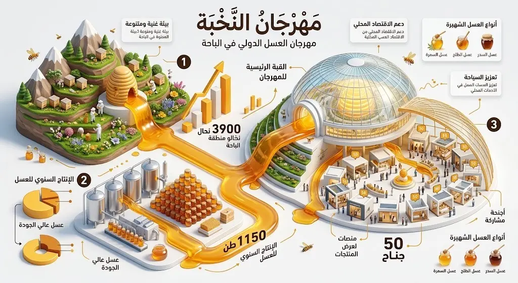 تصميم إنفوجرافيك إبداعي يستعرض تفاصيل مهرجان النخبة للعسل في الباحة، يبرز قبة المهرجان وإحصائيات الإنتاج المحلي البالغة 1150 طناً بمشاركة 3900 نحال بتصميم عصري جذاب.