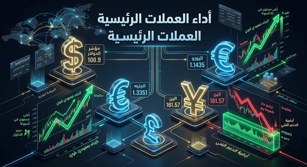 إنفوجرافيك مالي يوضح أداء العملات العالمية ومستويات الدولار واليورو والإسترليني والين