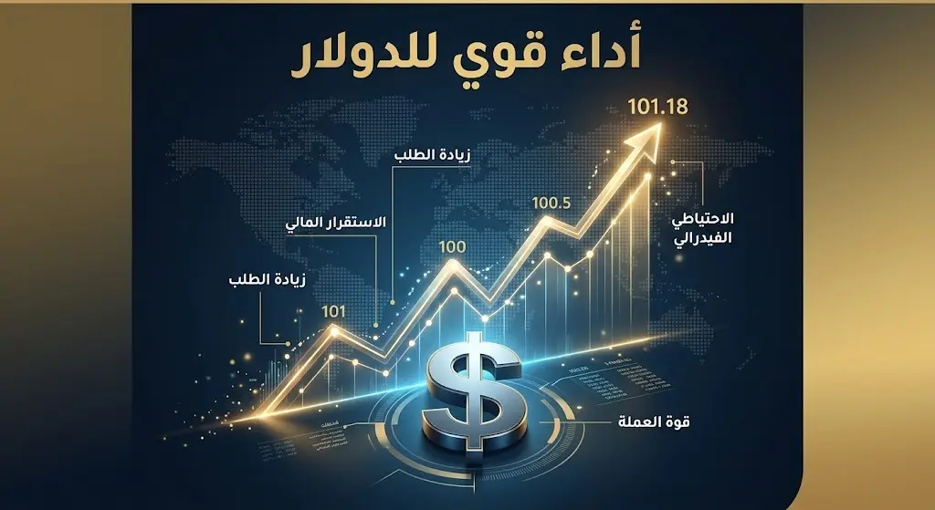 تصميم بياني ثلاثي الأبعاد يعكس قوة الدولار الأمريكي وصعود مؤشره مع إضاءة زرقاء وذهبية.