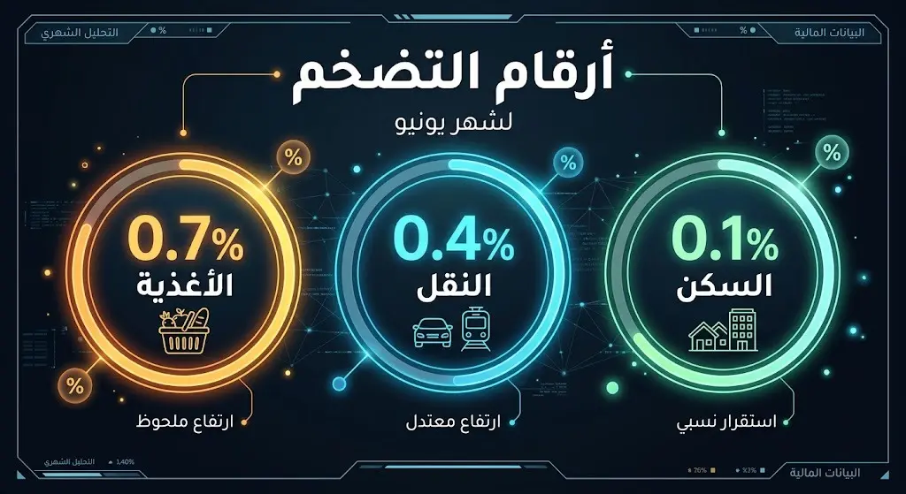 إنفوجرافيك بياني يعرض نسب التغير الشهري لأقسام الأغذية، النقل، والسكن لشهر يونيو.