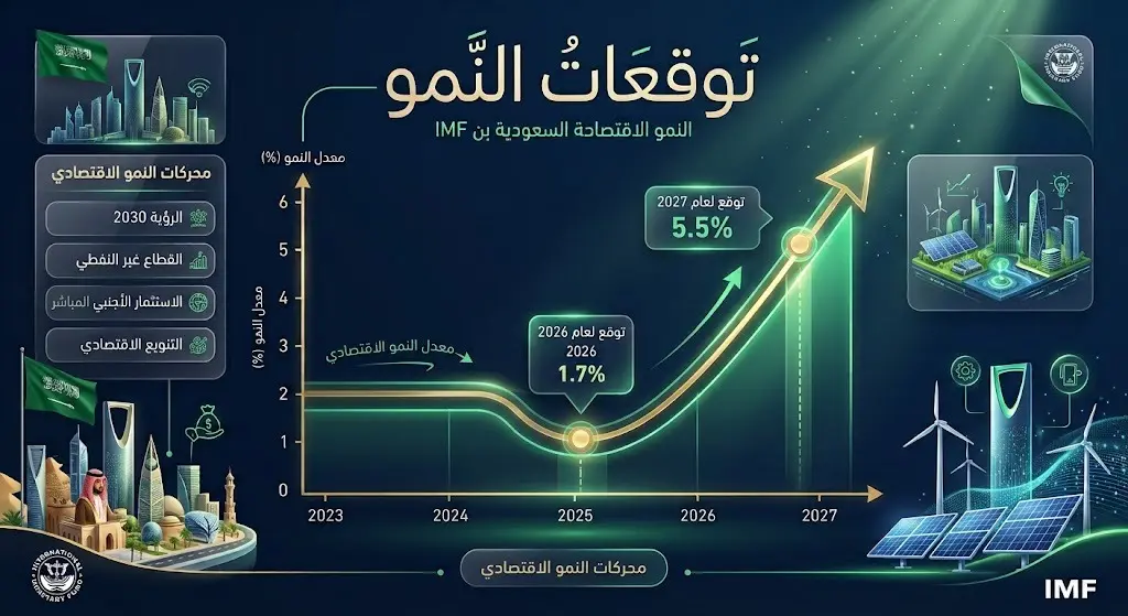 رسم بياني يوضح توقعات صندوق النقد الدولي لنمو الاقتصاد السعودي لعامي 2026 و2027