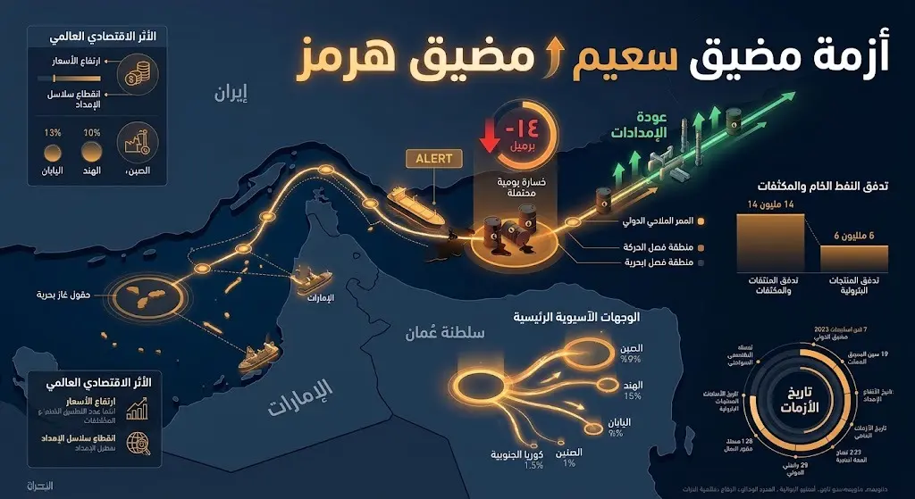 خريطة إنفوجرافيك ثلاثية الأبعاد توضح تأثير أزمة مضيق هرمز على تدفقات وإمدادات النفط العالمية بالأرقام