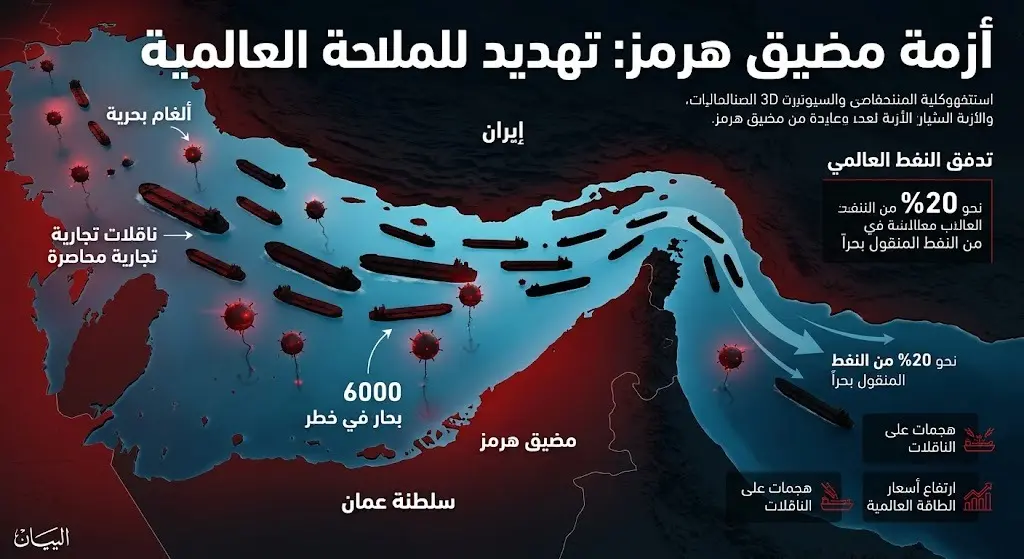 إنفوجرافيك يوضح خريطة مضيق هرمز وإحصائيات البحارة العالقين والسفن التجارية وسط تهديدات الألغام البحرية
