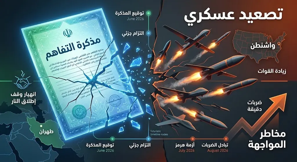 تصميم معلوماتي يجسد تصدع مذكرة التفاهم بين واشنطن وطهران، مع إبراز تواريخ الاتفاق والعودة للتصعيد العسكري عبر الطائرات المسيرة والصواريخ.