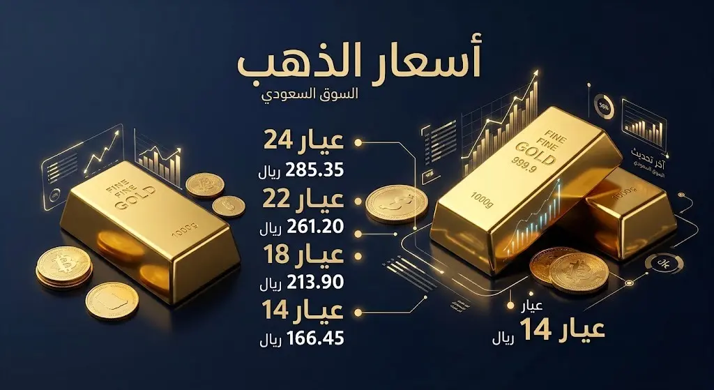 إنفوجرافيك مالي احترافي يعرض تفاصيل أسعار الذهب في السعودية لمختلف العيارات (24، 22، 18، 14) بخط عربي واضح وأرقام دقيقة، مع تصميم عصري يدمج بين سبائك الذهب والمؤشرات الرقمية المضيئة.