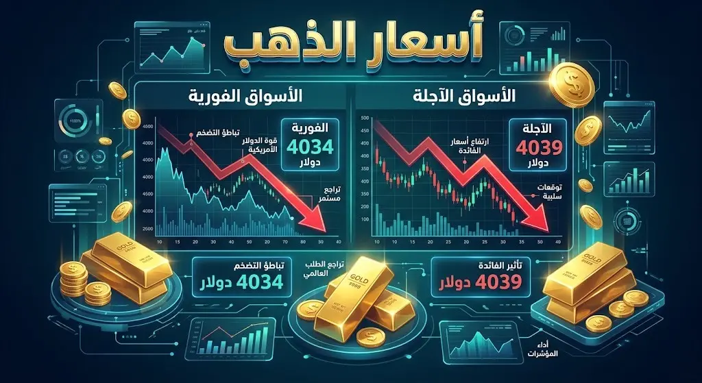 إنفوجرافيك مالي يبرز تفاصيل وأرقام تراجع أسعار الذهب في المعاملات الفورية والعقود الآجلة.