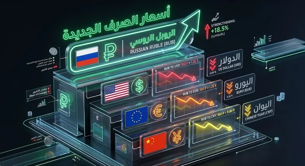 إنفوجرافيك مالي يوضح التحديثات الجديدة لأسعار صرف الدولار واليورو واليوان مقابل الروبل الروسي.