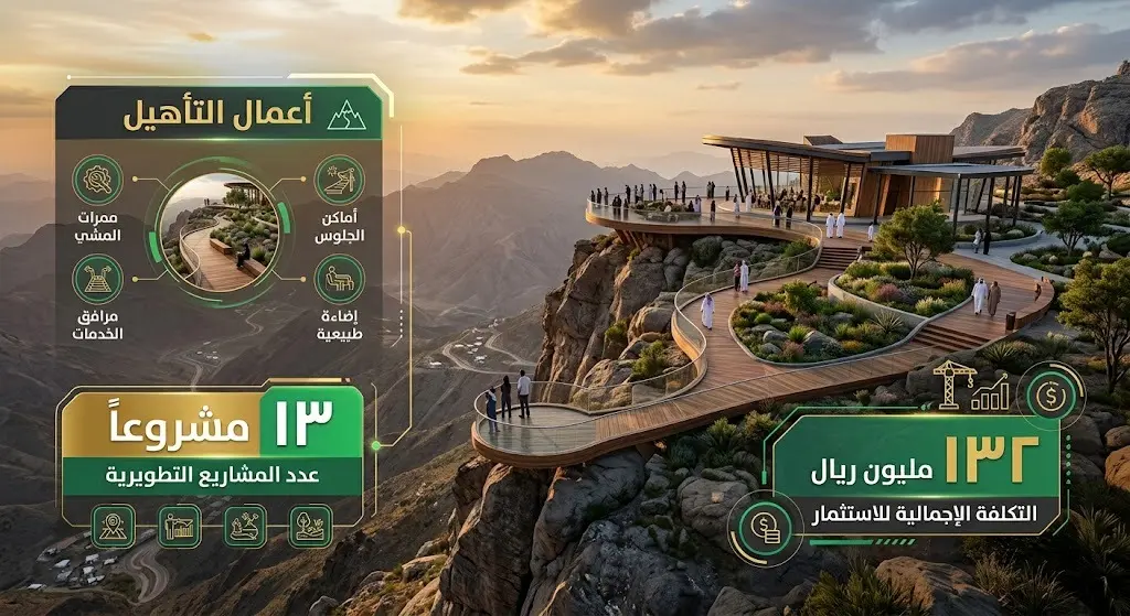 تصميم هندسي ومعلوماتي حديث يستعرض تفاصيل مشاريع التأهيل والتطوير لمطل العارضة، مع إبراز الأرقام والإحصائيات الخاصة بالمشاريع.
