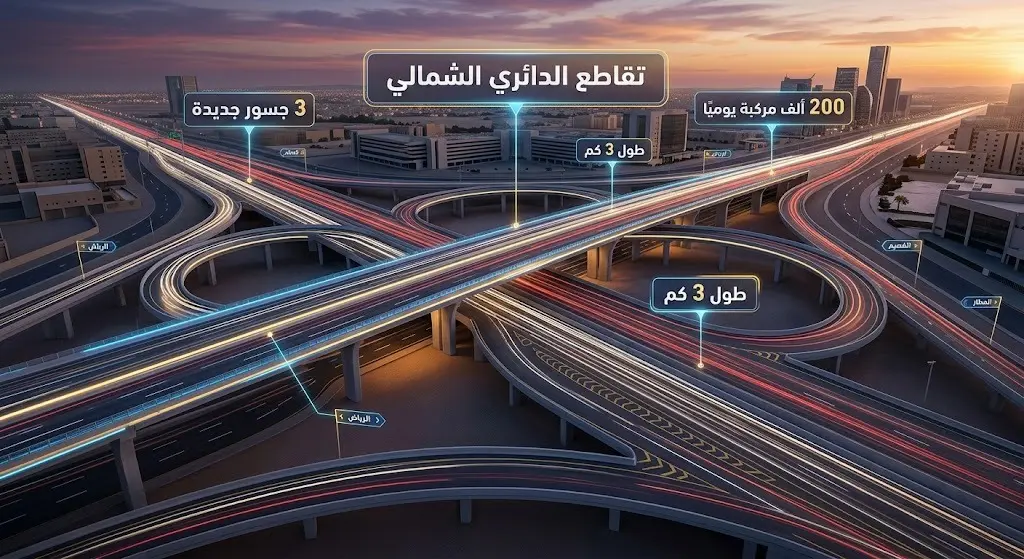 تصميم إنفوجرافيك يوضح جواً تقاطع طريق الأمير تركي بن عبدالعزيز الأول مع الدائري الشمالي، مبدياً الجسور الثلاثة الجديدة والمسارات المحدثة مع أرقام الطاقة الاستيعابية.