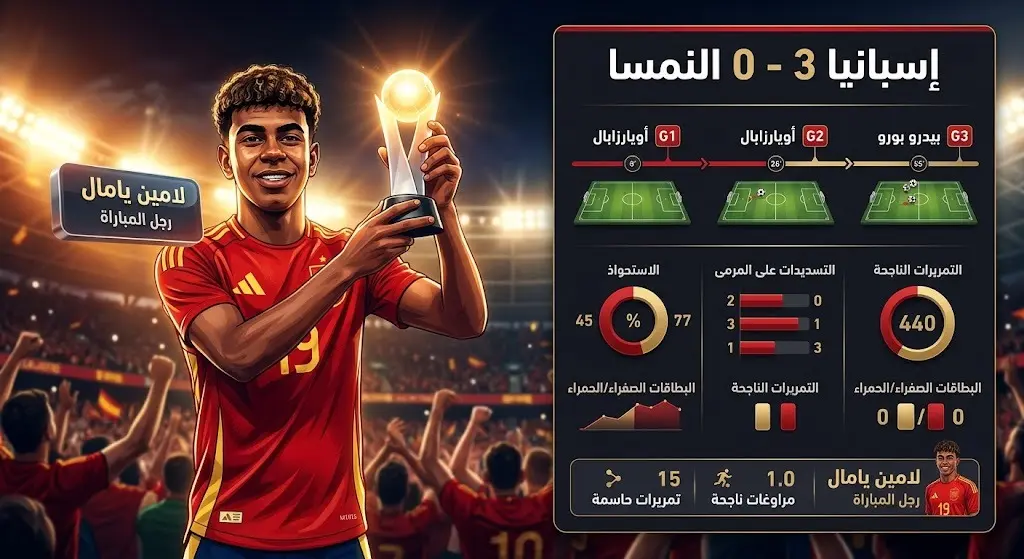 إنفوجرافيك يوضح تفاصيل أهداف مباراة إسبانيا والنمسا بفوز الماتادور بثلاثية نظيفة، مع إبراز تتويج لامين يامال بجائزة رجل المباراة.