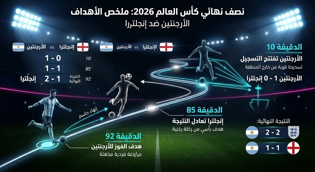 إنفوجرافيك زمني يوضح تفاصيل وأوقات أهداف مباراة الأرجنتين وإنجلترا في نصف نهائي كأس العالم 2026