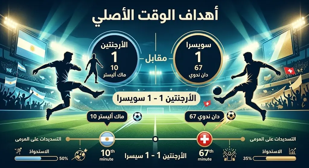 إنفوجرافيك يوضح تفاصيل أهداف الوقت الأصلي في مباراة الأرجنتين وسويسرا بتسجيل ماك أليستر ودان ندوي