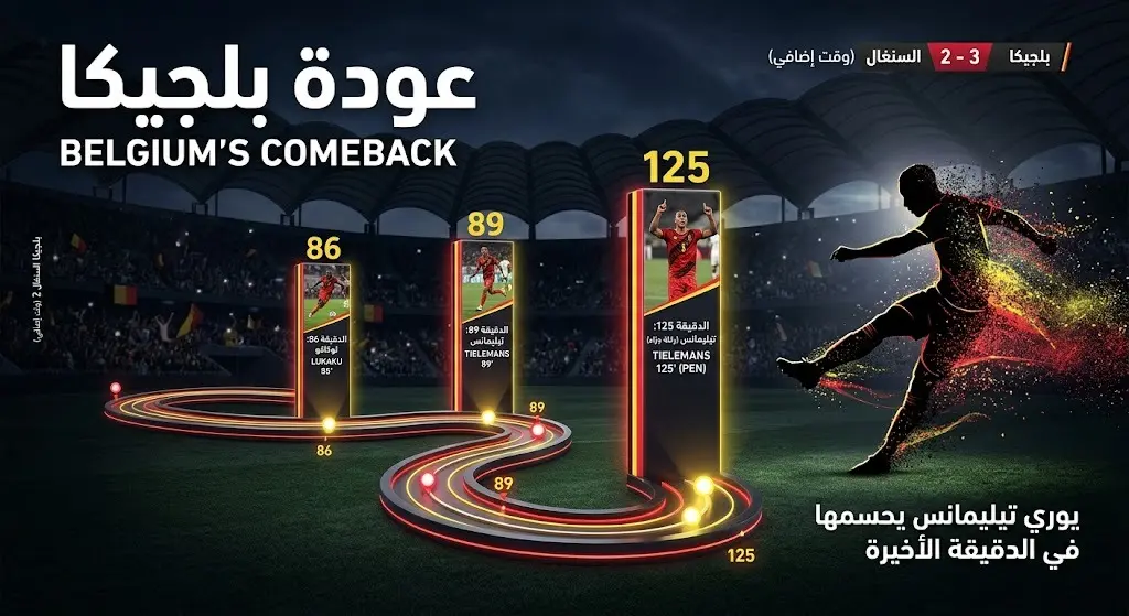 إنفوجرافيك يوضح التسلسل الزمني لأهداف المنتخب البلجيكي وعودته التاريخية أمام السنغال بقيادة يوري تيليمانس.