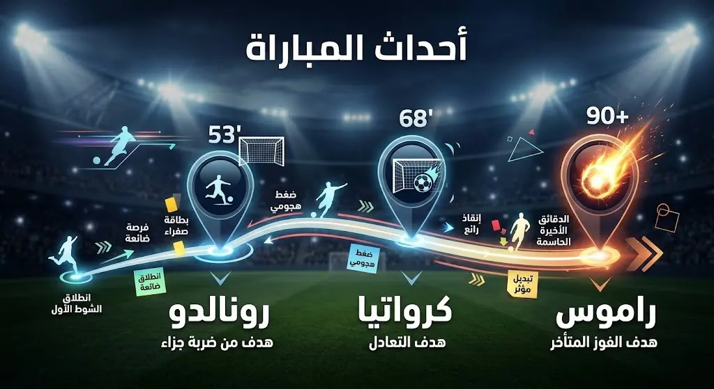 إنفوجرافيك زمني يستعرض تفاصيل وأهداف مباراة البرتغال وكرواتيا، بما في ذلك هدف التعادل لرونالدو وهدف الفوز لراموس.