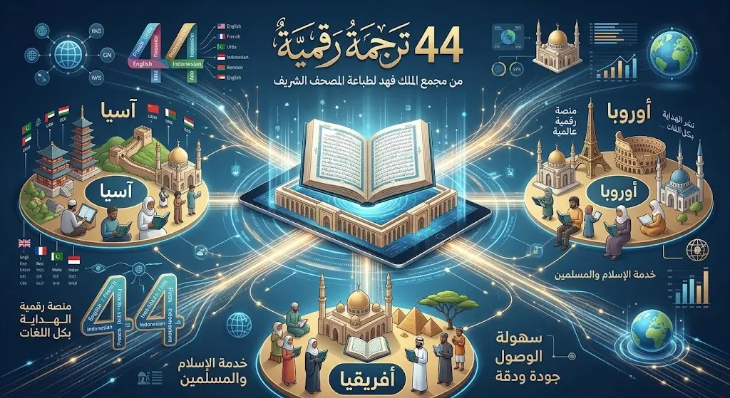 إنفوجرافيك يوضح تفاصيل إتاحة مجمع الملك فهد 44 ترجمة رقمية لمعاني القرآن الكريم بلغات آسيوية وأوروبية وأفريقية.