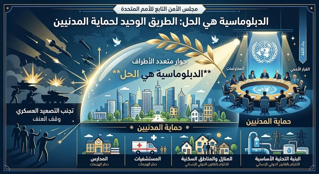 تصميم تعبيري يجسد إحاطة مجلس الأمن الدولي مع رموز بصرية تدل على تغليب الدبلوماسية وحماية البنية التحتية المدنية.