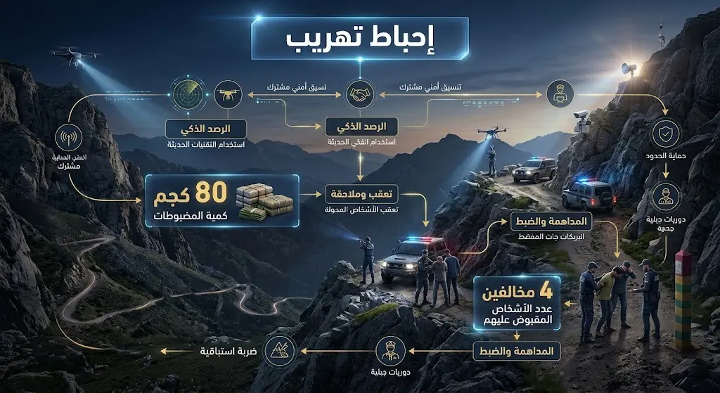 إنفوجرافيك يوضح تفاصيل إحباط حرس الحدود لعملية تهريب 80 كيلوجراماً من القات المخدر والقبض على 4 مخالفين في قطاع الربوعة.