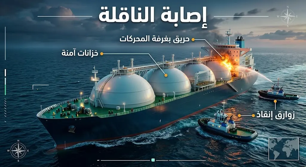 إنفوجرافيك يوضح تفاصيل الإصابة في ناقلة الغاز، مركزاً على الحريق في غرفة المحركات وسلامة خزانات الغاز، مع إبراز زوارق الإنقاذ.