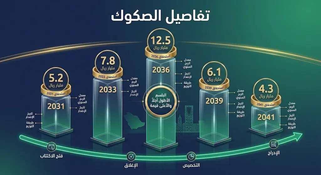 إنفوجرافيك مالي يوضح تفاصيل الشرائح الخمس لإصدار الصكوك الحكومية الجديدة بقيمة 17.2 مليار ريال وسنوات الاستحقاق.